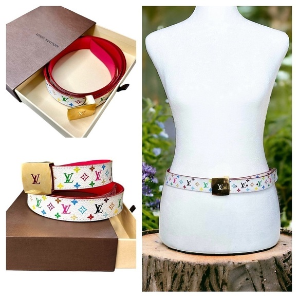 Authentic Louis Vuitton White Multicolor Murakami & Pink Leather & Gold Belt - Picture 1 of 15